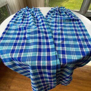 Vintage 80s curtains, bold blue colors plaid, short wide pair of panels, Sears